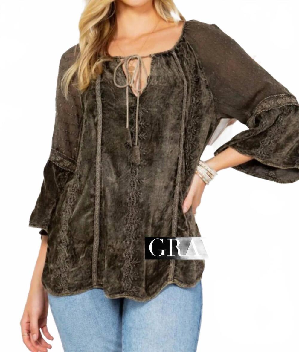 NEW YOUNG THREADS patchwork peasant top in gravel